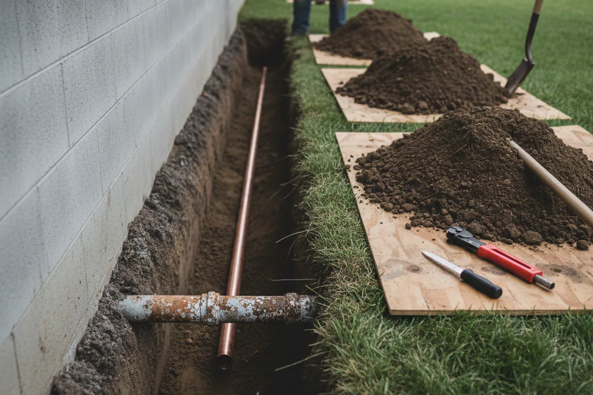 Excavated water line trench during Water Heater Repair in Warner Springs